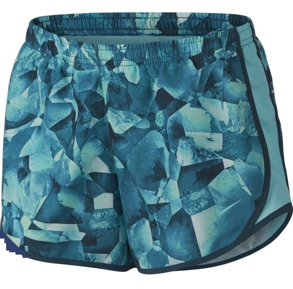Nike Girls Dri-fit running shorts, teal green abstract pattern, liner, Size L